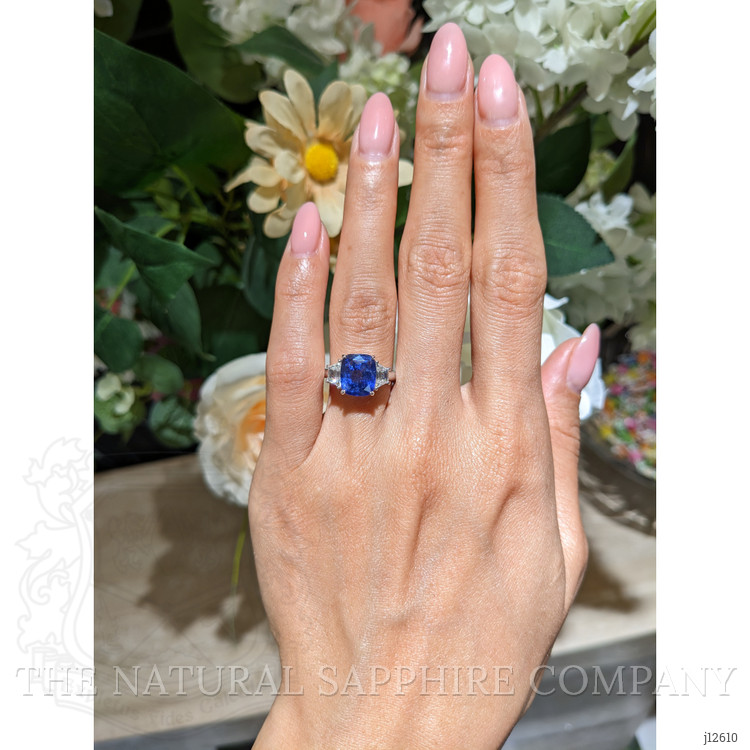 4.31 Ct. Blue Sapphire and Natural Diamond Three Stone Ring, 18K White Gold