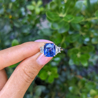 4.31 Ct. Blue Sapphire and Natural Diamond Three Stone Ring, 18K White Gold Life Style