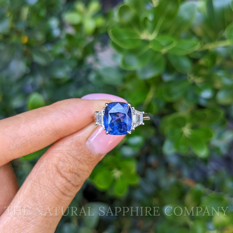 4.31 Ct. Blue Sapphire and Natural Diamond Three Stone Ring, 18K White Gold
