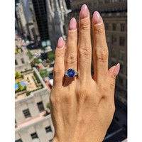 4.31 Ct. Blue Sapphire and Natural Diamond Three Stone Ring, 18K White Gold Life Style