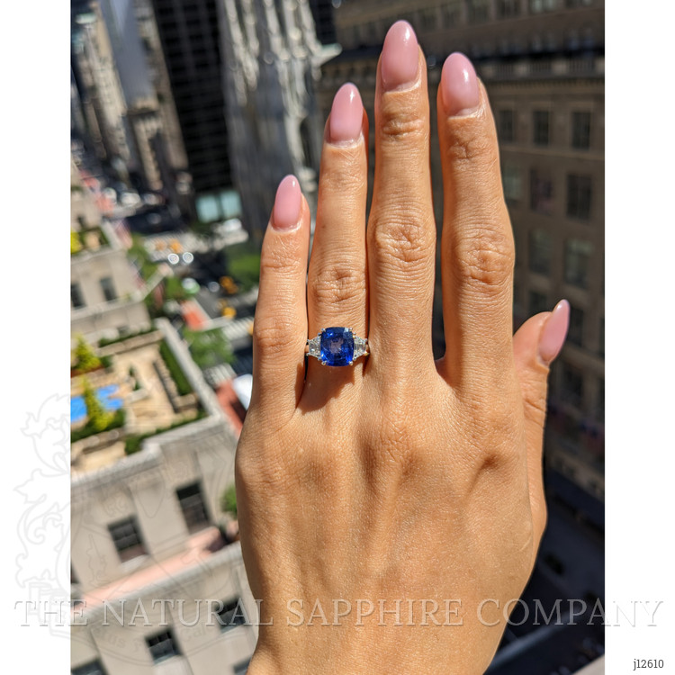 4.31 Ct. Blue Sapphire and Natural Diamond Three Stone Ring, 18K White Gold