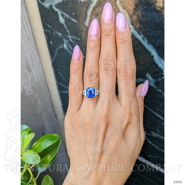 4.31 Ct. Blue Sapphire and Natural Diamond Three Stone Ring, 18K White Gold