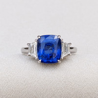 4.31 Ct. Blue Sapphire and Natural Diamond Three Stone Ring, 18K White Gold Life Style