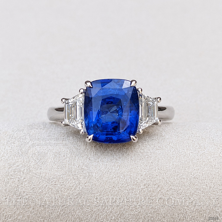 4.31 Ct. Blue Sapphire and Natural Diamond Three Stone Ring, 18K White Gold