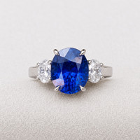 4.57 Ct. Blue Sapphire and Natural Diamond Three Stone Ring, Platinum 950 Life Style