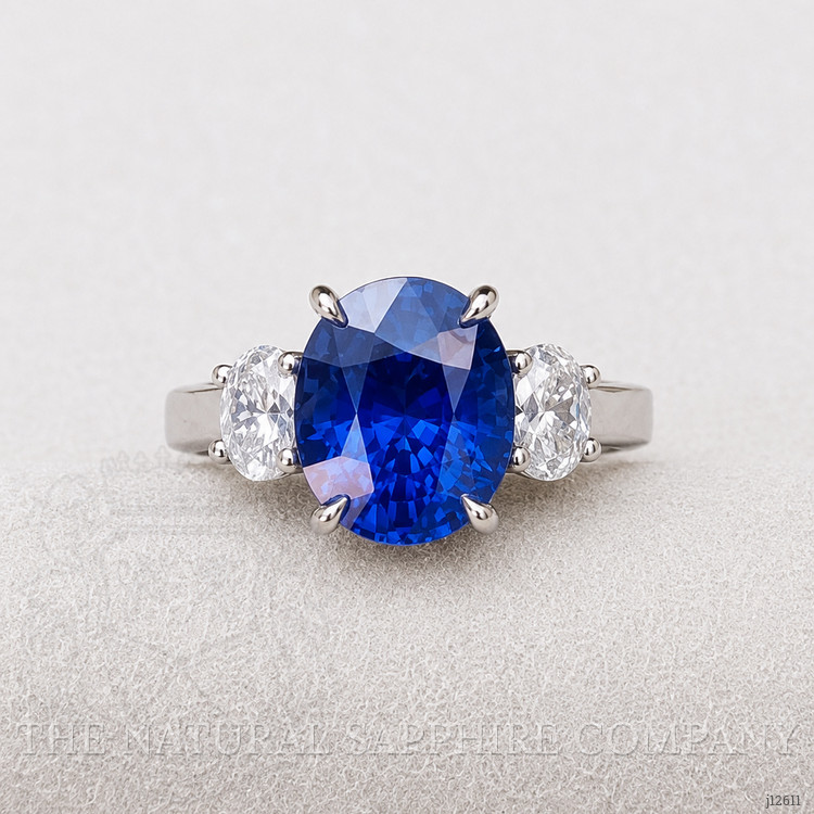 4.57 Ct. Blue Sapphire and Natural Diamond Three Stone Ring, Platinum 950