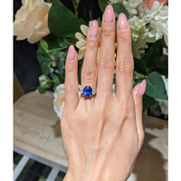 4.57 Ct. Blue Sapphire and Natural Diamond Three Stone Ring, Platinum 950 Life Style