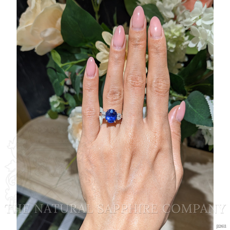 4.57 Ct. Blue Sapphire and Natural Diamond Three Stone Ring, Platinum 950