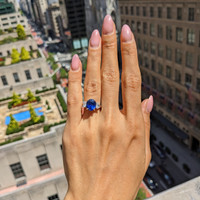 4.57 Ct. Blue Sapphire and Natural Diamond Three Stone Ring, Platinum 950 Life Style
