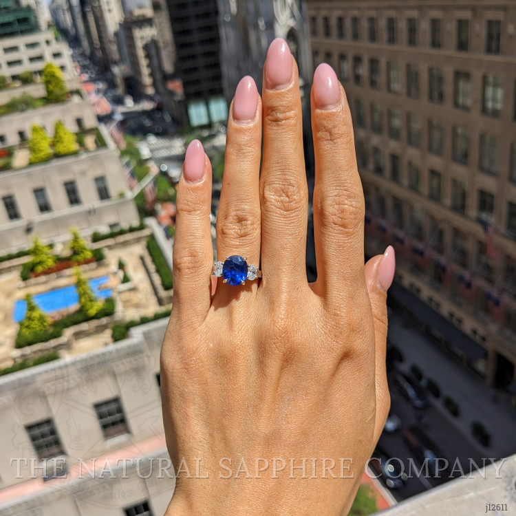 4.57 Ct. Blue Sapphire and Natural Diamond Three Stone Ring, Platinum 950