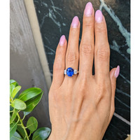 4.57 Ct. Blue Sapphire and Natural Diamond Three Stone Ring, Platinum 950 Life Style