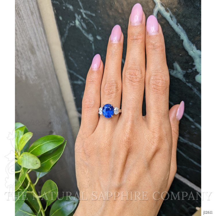 4.57 Ct. Blue Sapphire and Natural Diamond Three Stone Ring, Platinum 950