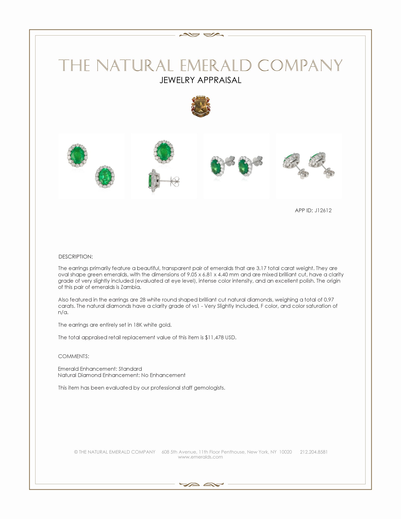 3.17 Ct.Tw. Emerald and Natural Diamond Pave Earrings, 18K White Gold