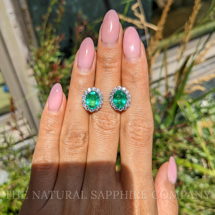 3.17 Ct.Tw. Emerald and Natural Diamond Pave Earrings, 18K White Gold