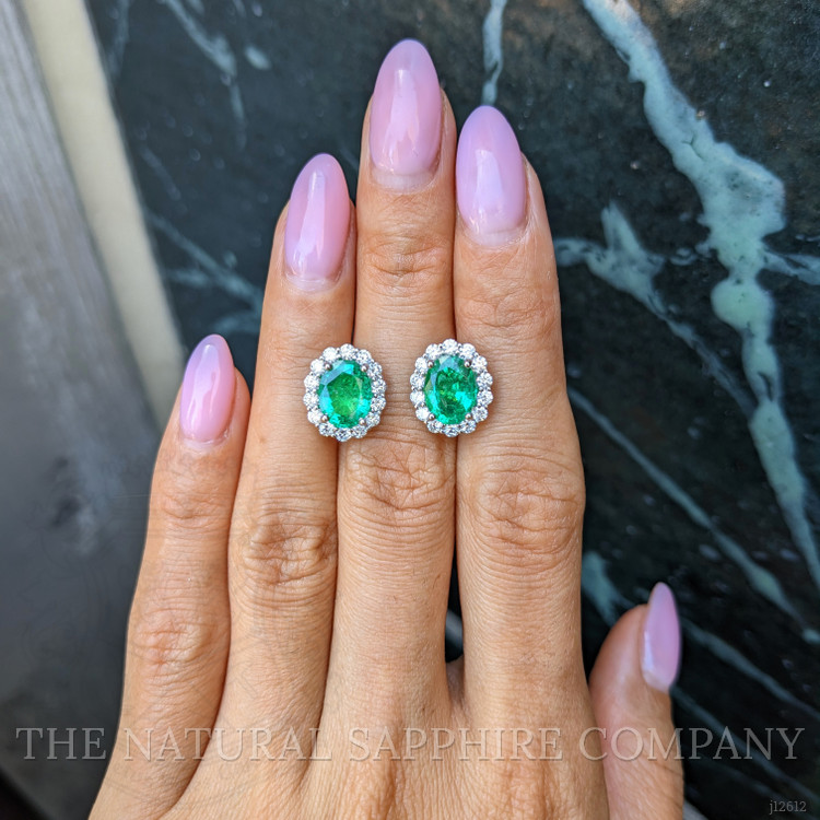 3.17 Ct.Tw. Emerald and Natural Diamond Pave Earrings, 18K White Gold