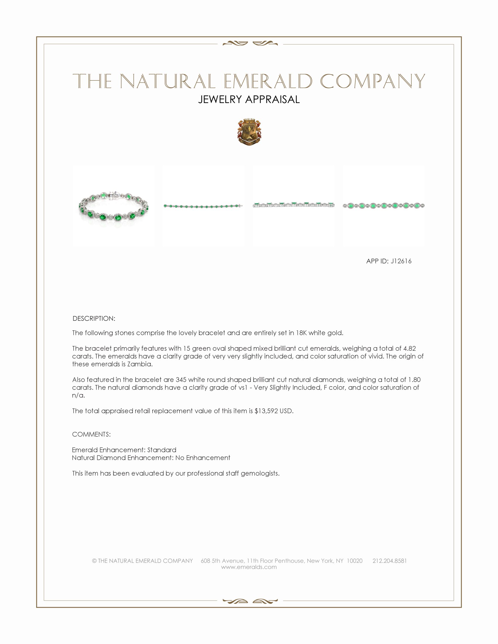 4.82 Ct.Tw. Emerald and Natural Diamond Pave Bracelet, 18K White Gold