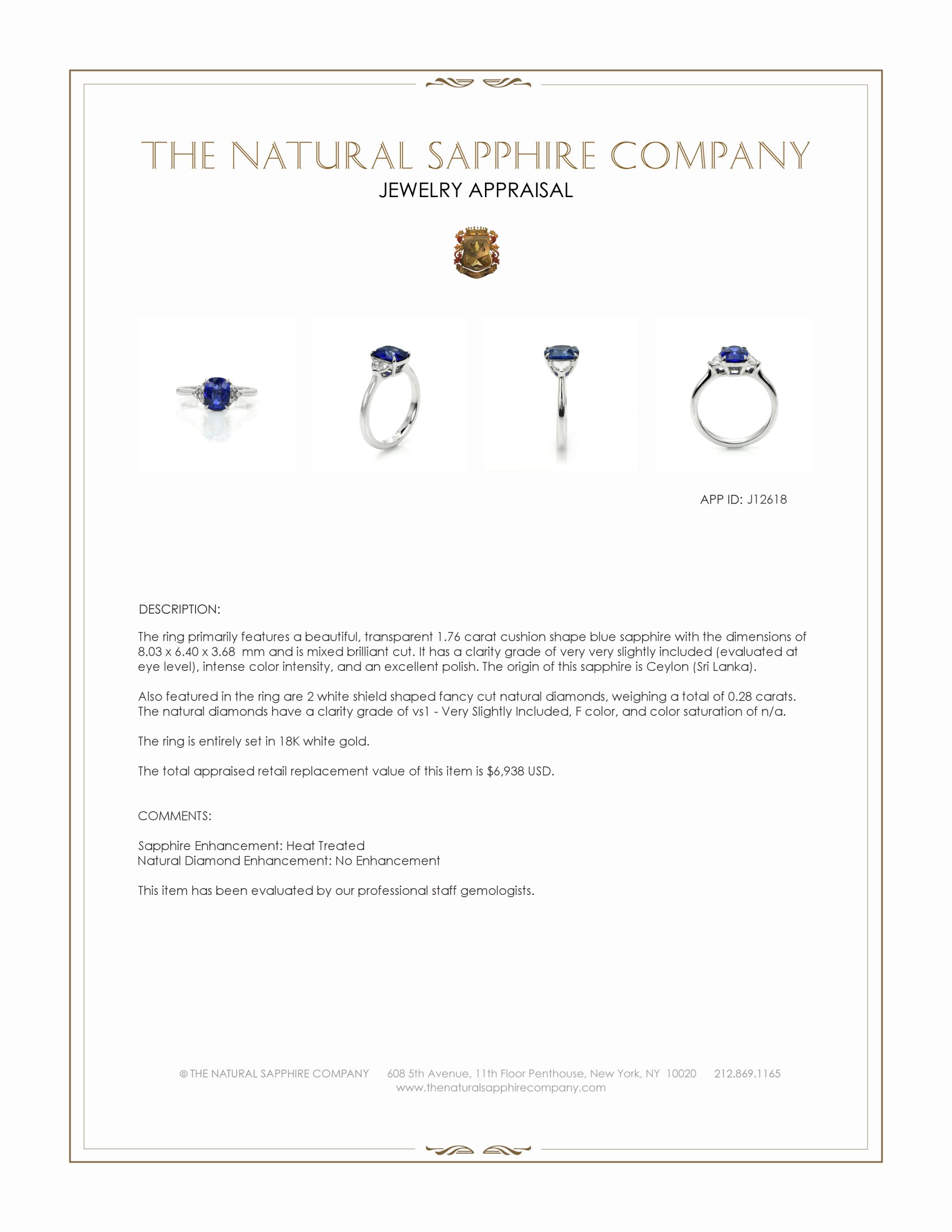 1.76 Ct. Blue Sapphire and Natural Diamond Three Stone Ring, 18K White Gold