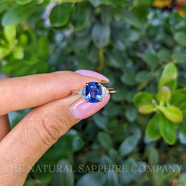 1.76 Ct. Blue Sapphire and Natural Diamond Three Stone Ring, 18K White Gold