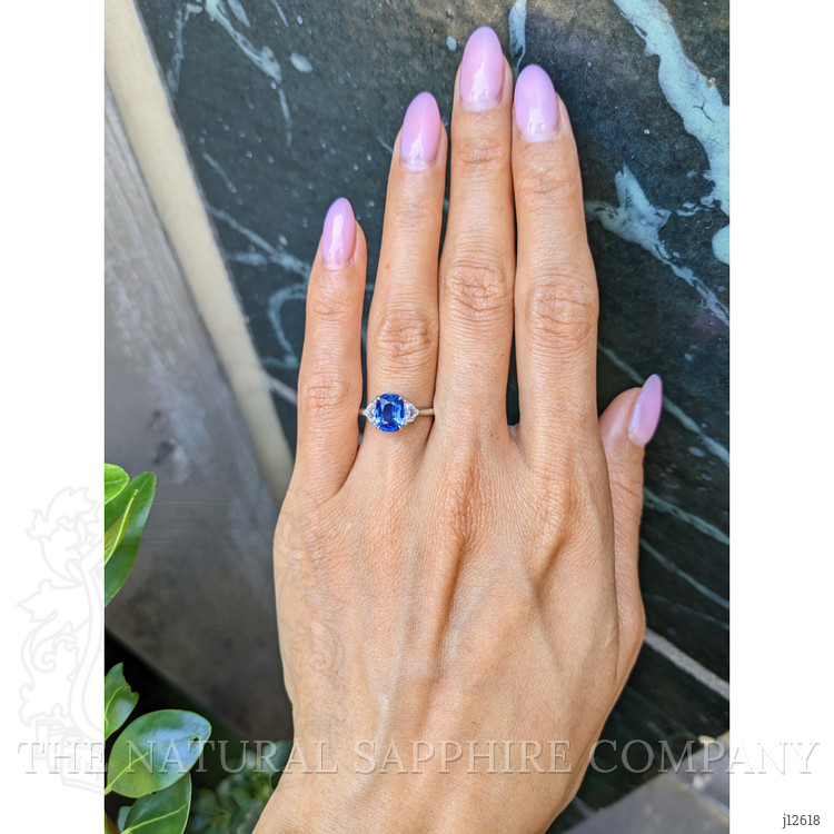 1.76 Ct. Blue Sapphire and Natural Diamond Three Stone Ring, 18K White Gold
