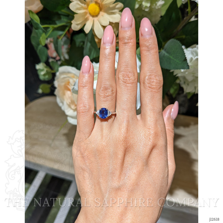 1.76 Ct. Blue Sapphire and Natural Diamond Three Stone Ring, 18K White Gold