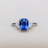1.76 Ct. Blue Sapphire and Natural Diamond Three Stone Ring, 18K White Gold Life Style
