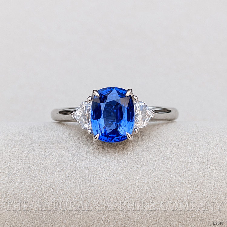 1.76 Ct. Blue Sapphire and Natural Diamond Three Stone Ring, 18K White Gold