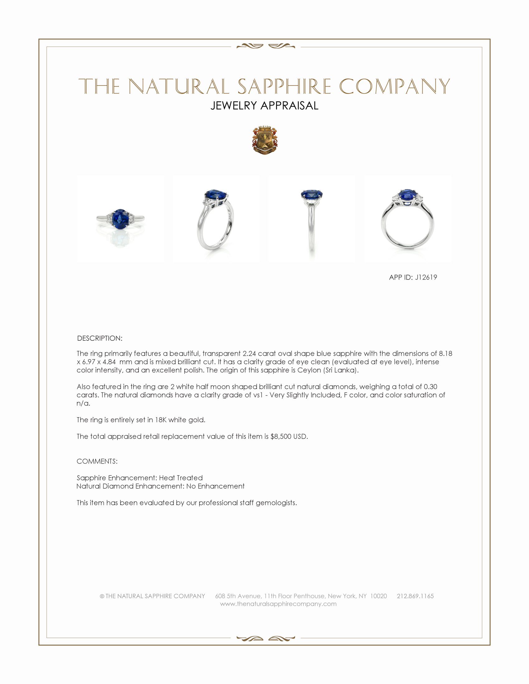 2.24 Ct. Blue Sapphire and Natural Diamond Three Stone Ring, 18K White Gold
