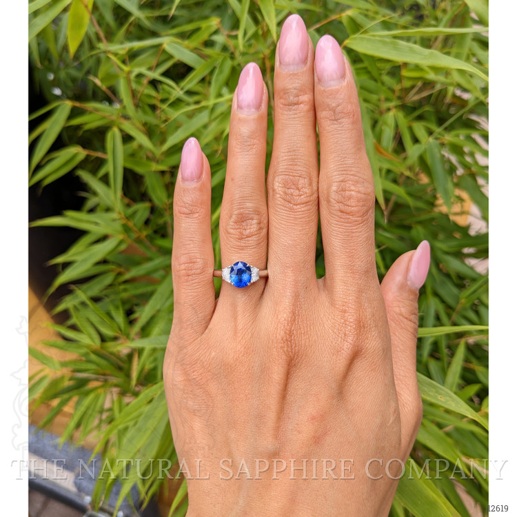 2.24 Ct. Blue Sapphire and Natural Diamond Three Stone Ring, 18K White Gold