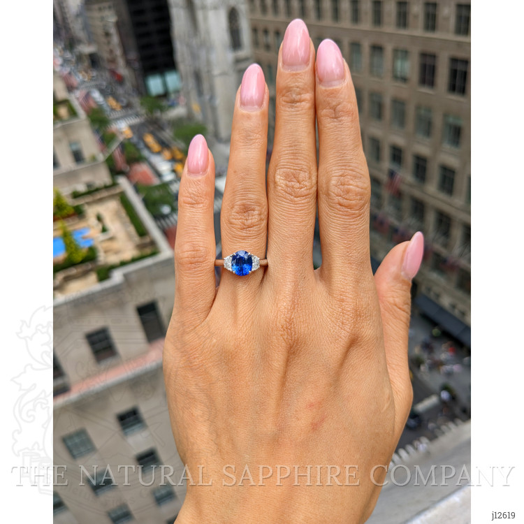 2.24 Ct. Blue Sapphire and Natural Diamond Three Stone Ring, 18K White Gold