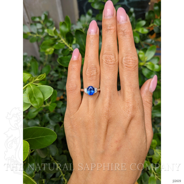 2.24 Ct. Blue Sapphire and Natural Diamond Three Stone Ring, 18K White Gold