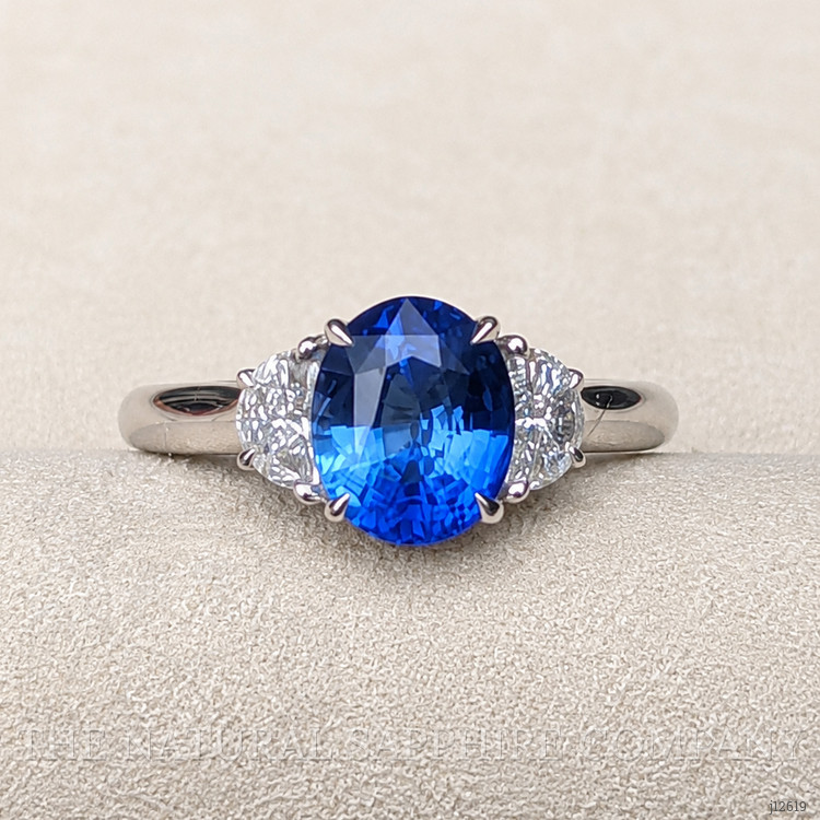 2.24 Ct. Blue Sapphire and Natural Diamond Three Stone Ring, 18K White Gold