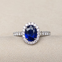 1.20 Ct. Blue Sapphire and Natural Diamond Pave Ring, 18K White Gold Life Style