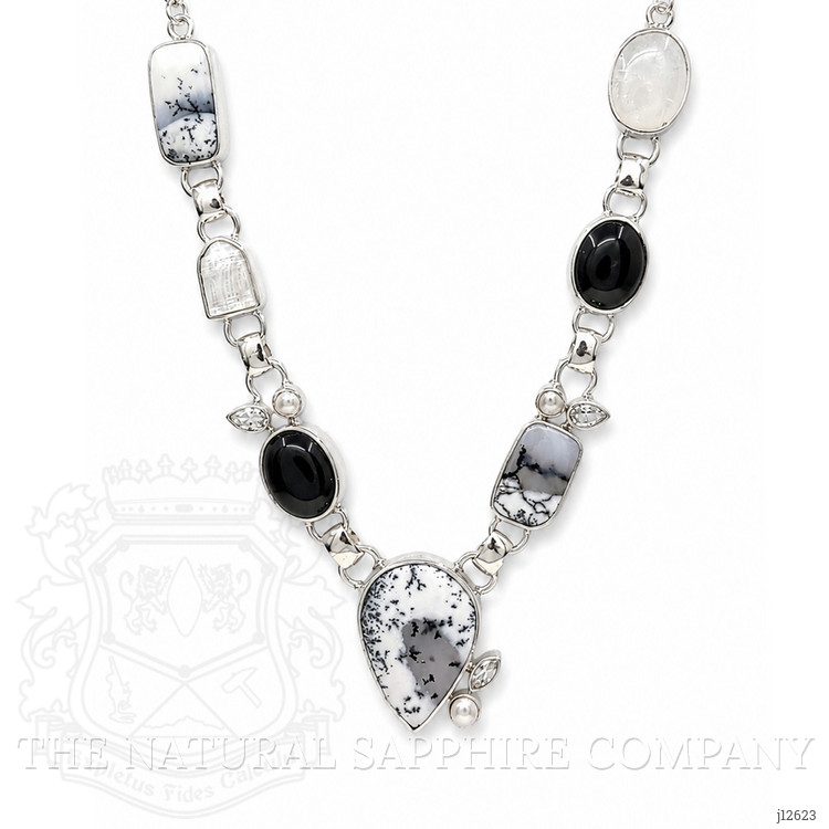 36.60 Ct.Tw. Onyx, Opal, Moonstone, Akoya Pearl and Citrine Bezel Necklace, Silver