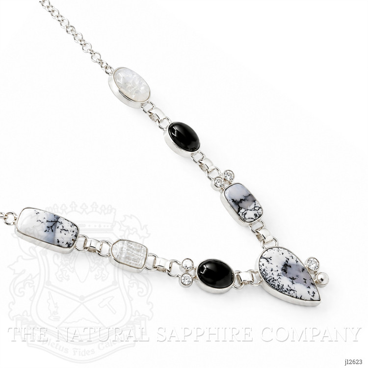 36.60 Ct.Tw. Onyx, Opal, Moonstone, Akoya Pearl and Citrine Bezel Necklace, Silver