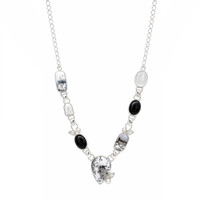 36.60&nbsp;Ct.Tw.Total Carat Weight Onyx, Opal, Moonstone, Akoya Pearl and Citrine Bezel Necklace, Silver Image