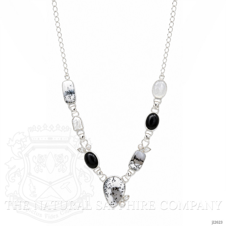 36.60 Ct.Tw. Onyx, Opal, Moonstone, Akoya Pearl and Citrine Bezel Necklace, Silver