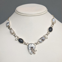 36.60 Ct.Tw.Total Carat Weight Onyx, Opal, Moonstone, Akoya Pearl and Citrine Bezel Necklace, Silver Life Style