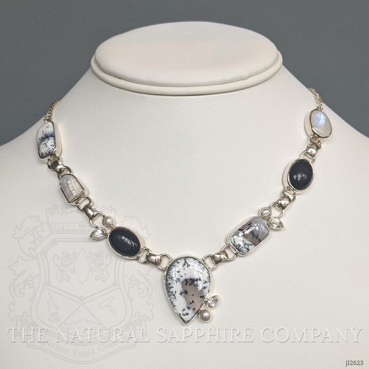 36.60 Ct.Tw. Onyx, Opal, Moonstone, Akoya Pearl and Citrine Bezel Necklace, Silver
