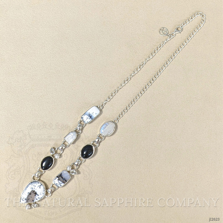 36.60 Ct.Tw. Onyx, Opal, Moonstone, Akoya Pearl and Citrine Bezel Necklace, Silver
