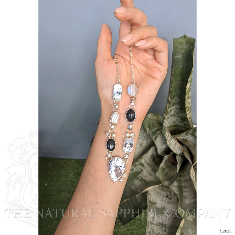 36.60 Ct.Tw. Onyx, Opal, Moonstone, Akoya Pearl and Citrine Bezel Necklace, Silver