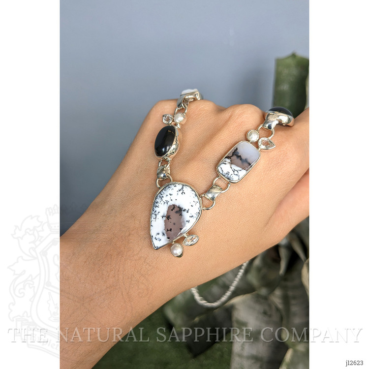 36.60 Ct.Tw. Onyx, Opal, Moonstone, Akoya Pearl and Citrine Bezel Necklace, Silver