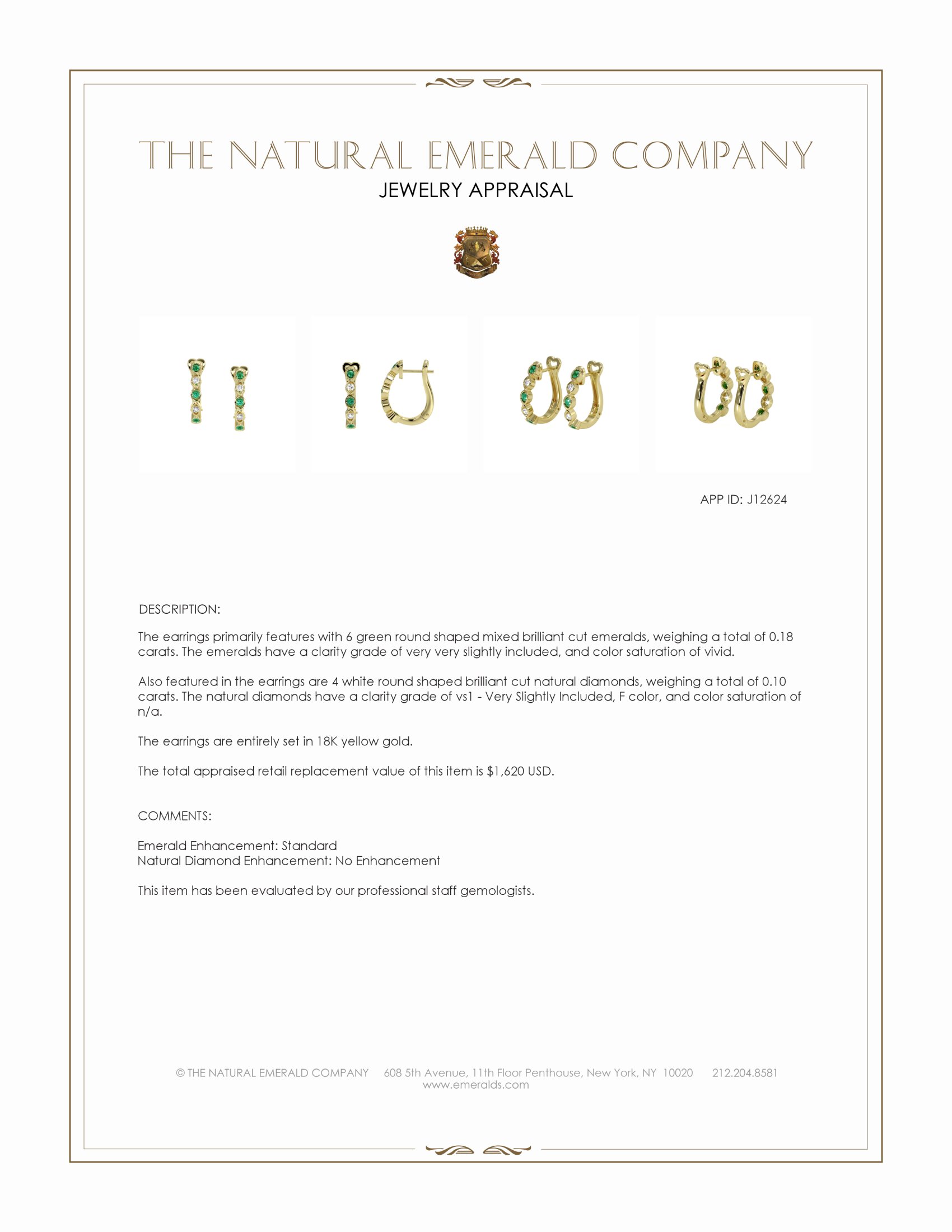 0.18 Ct.Tw. Emerald and Natural Diamond Pave Earrings, 18K Yellow Gold