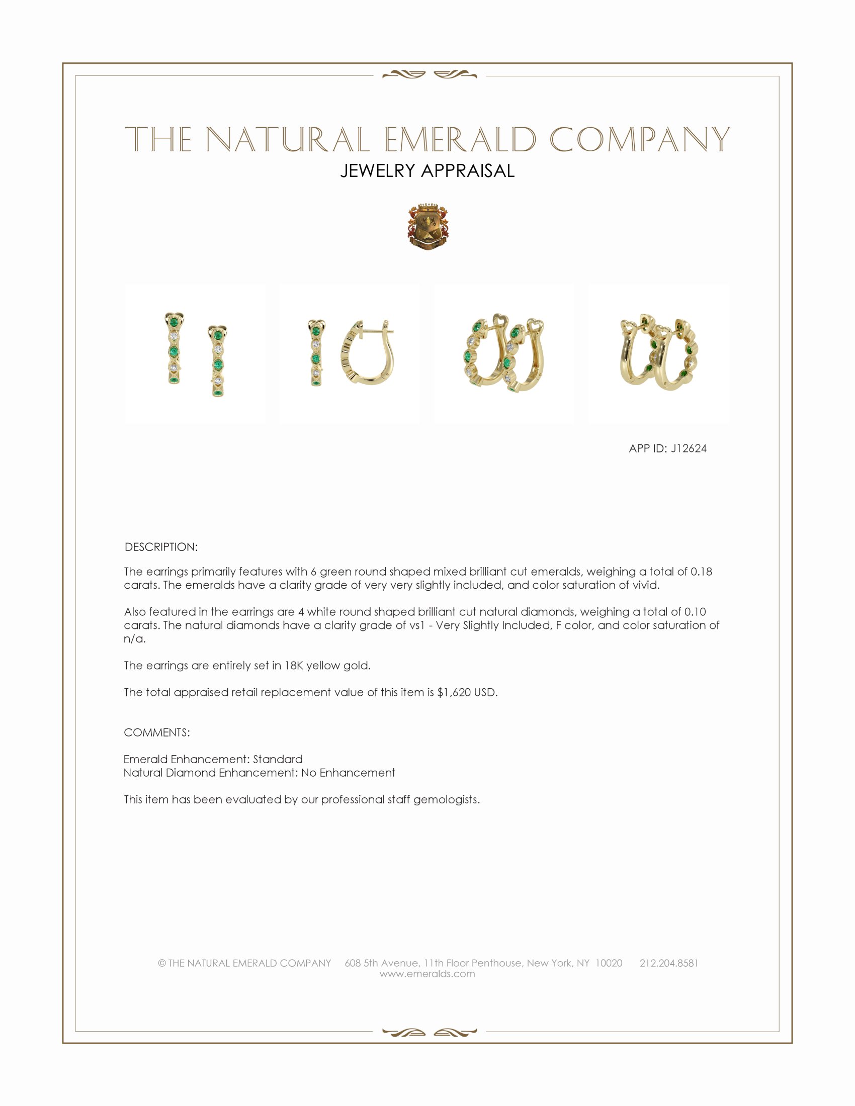 0.18 Ct.Tw. Emerald and Natural Diamond Pave Earrings, 18K Yellow Gold