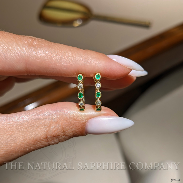 0.18 Ct.Tw. Emerald and Natural Diamond Pave Earrings, 18K Yellow Gold