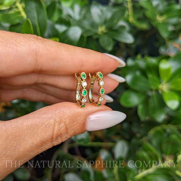 0.18 Ct.Tw. Emerald and Natural Diamond Pave Earrings, 18K Yellow Gold
