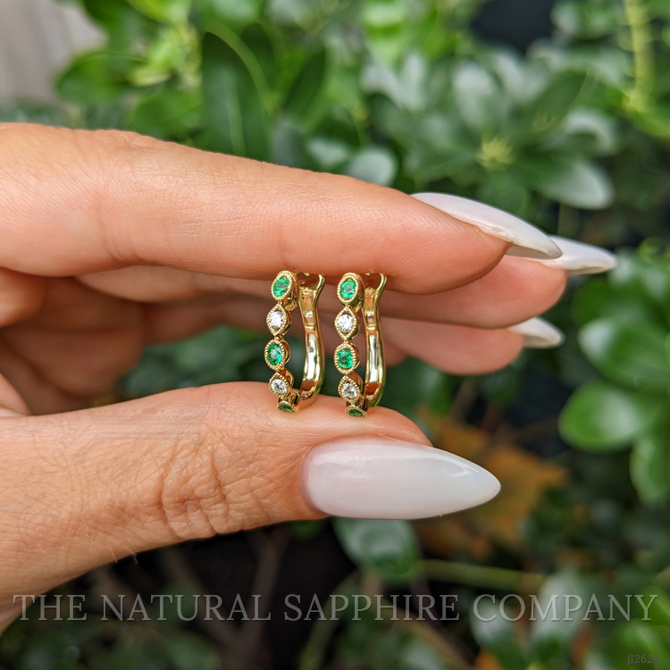 0.18 Ct.Tw. Emerald and Natural Diamond Pave Earrings, 18K Yellow Gold