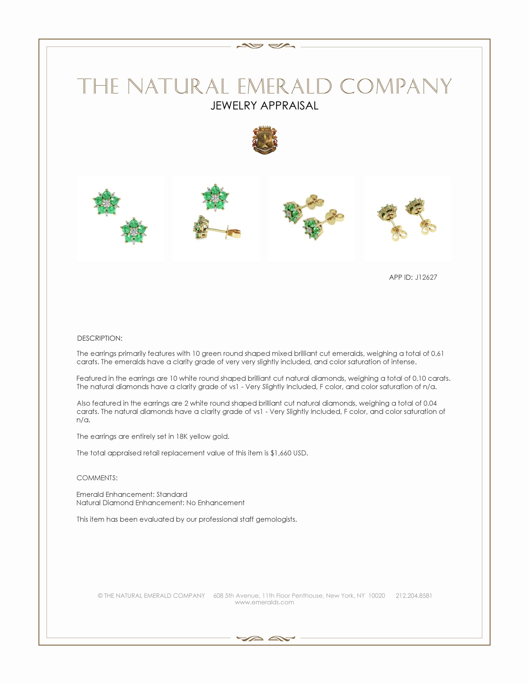 0.61 Ct.Tw. Emerald and Natural Diamond Studs Earrings, 18K Yellow Gold