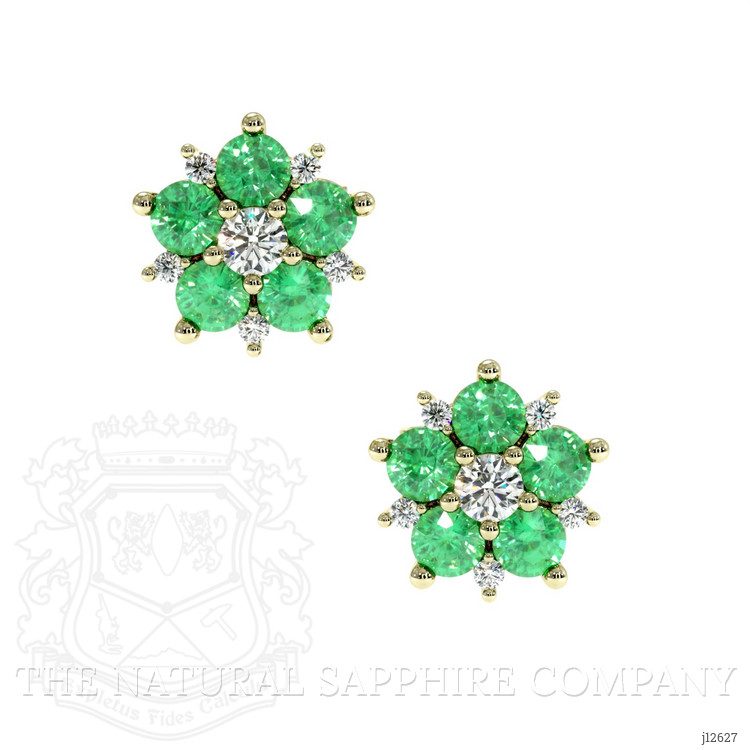 0.61 Ct.Tw. Emerald and Natural Diamond Studs Earrings, 18K Yellow Gold