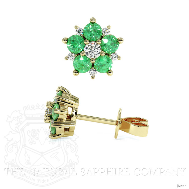 0.61 Ct.Tw. Emerald and Natural Diamond Studs Earrings, 18K Yellow Gold
