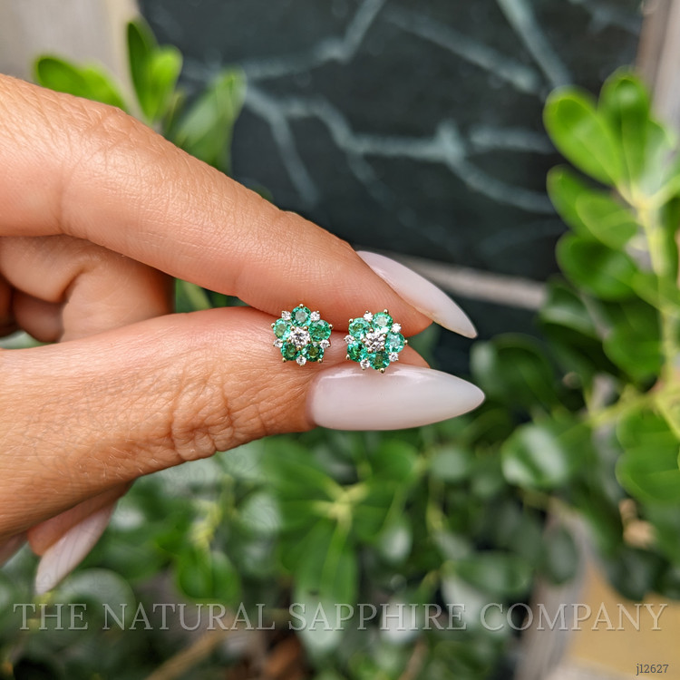 0.61 Ct.Tw. Emerald and Natural Diamond Studs Earrings, 18K Yellow Gold